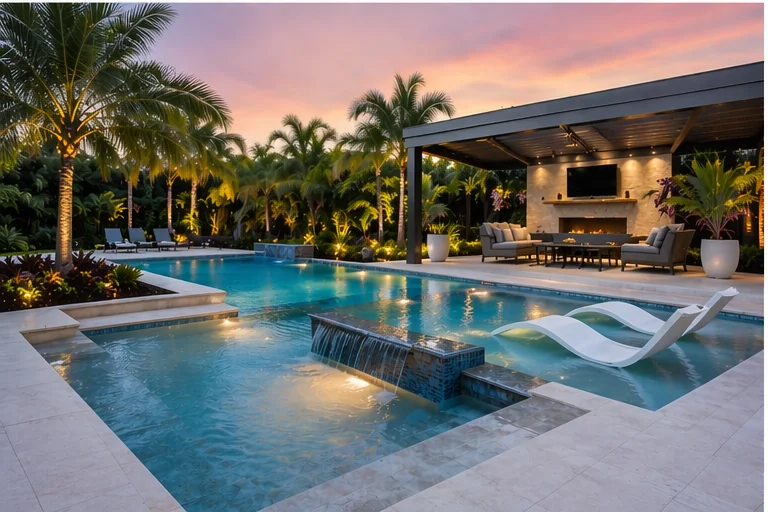 Resort-style pool with tropical landscaping and outdoor lounge