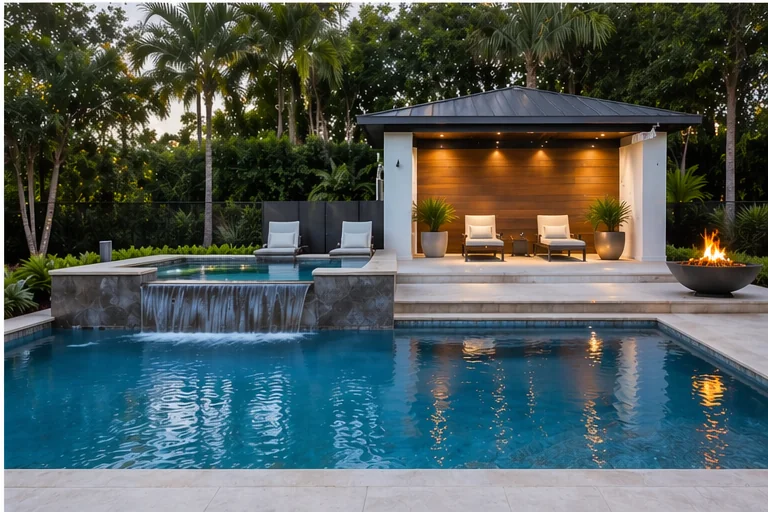 Modern custom pool with water feature and luxury pavilion