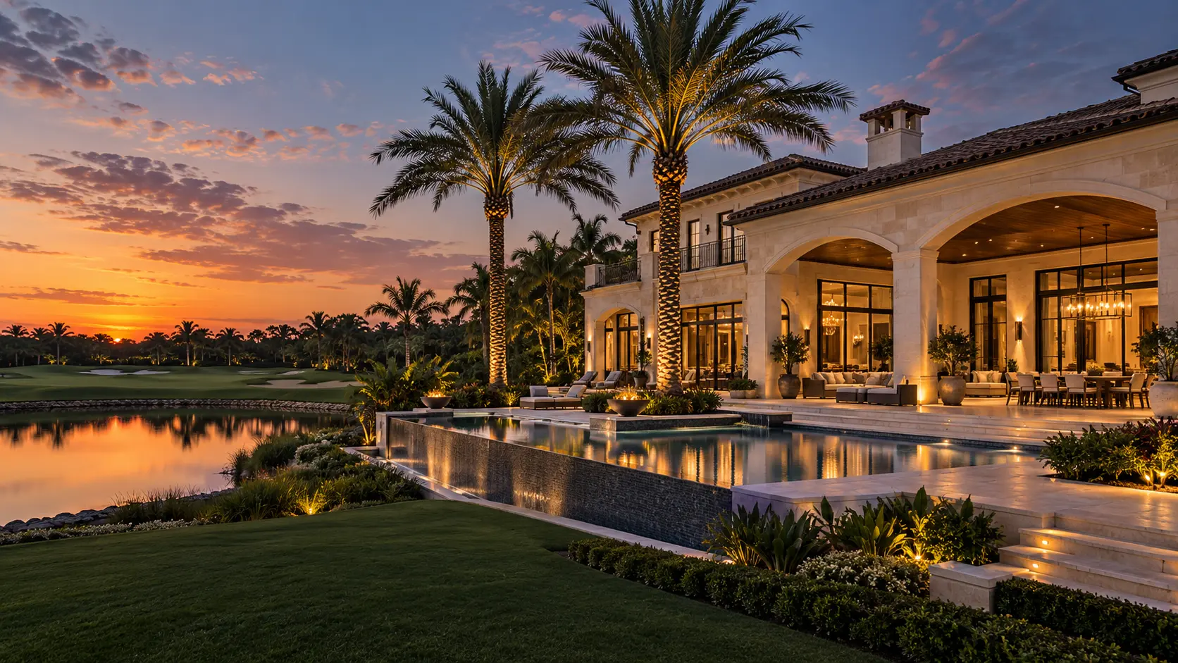Grand renovated Mediterranean golf estate with infinity pool and lake at twilight
