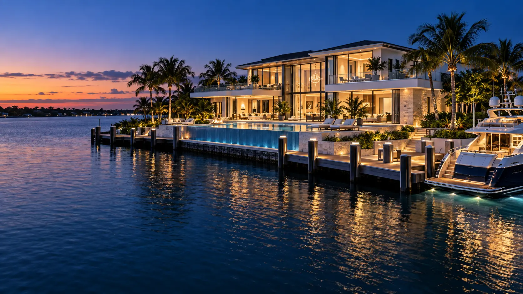 Contemporary Jupiter waterfront estate with infinity pool, private dock and motor yacht at twilight