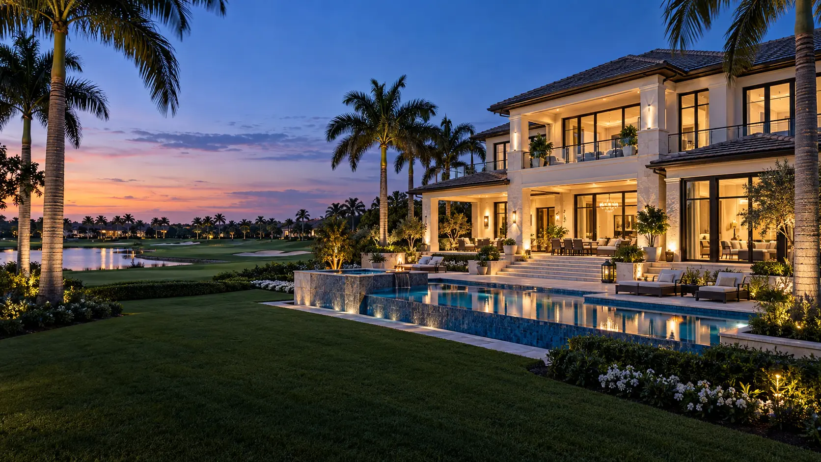 Renovated modern-transitional estate framed by mature royal palms and golf views at blue hour
