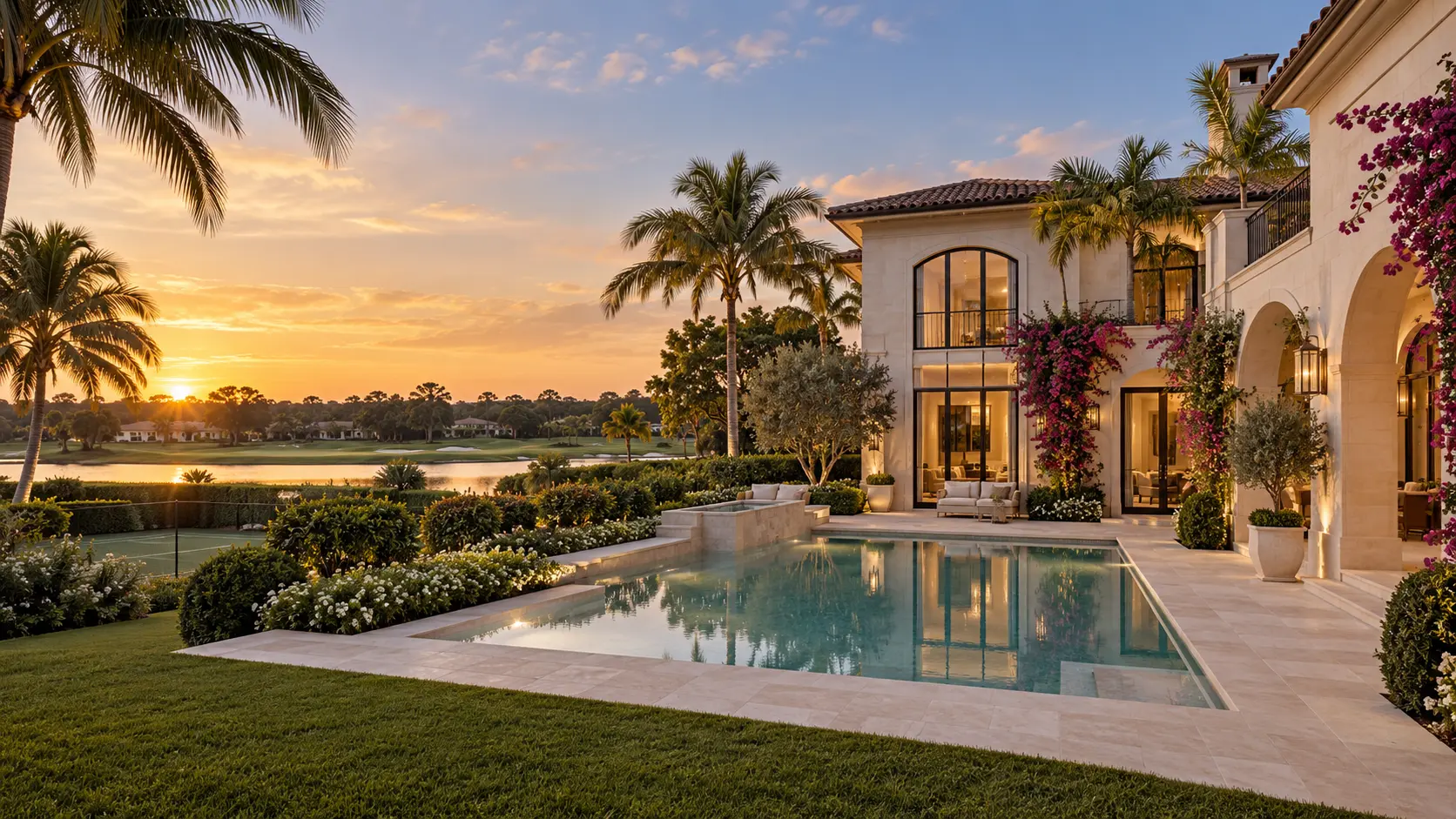 Mediterranean-modern Boca Raton estate with pool, tennis garden and golf view at sunset