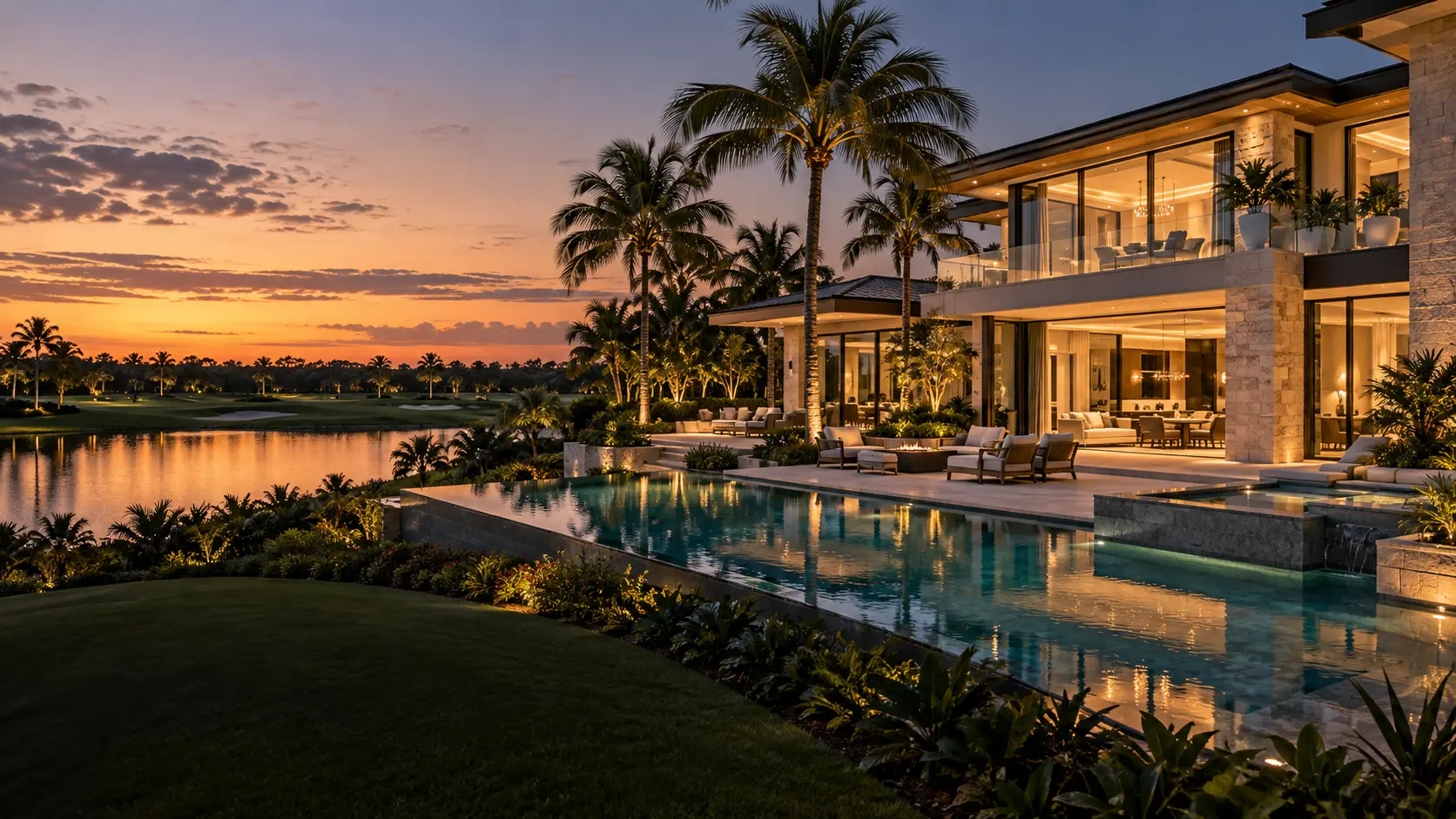 Contemporary Boca Raton estate overlooking golf and water at twilight