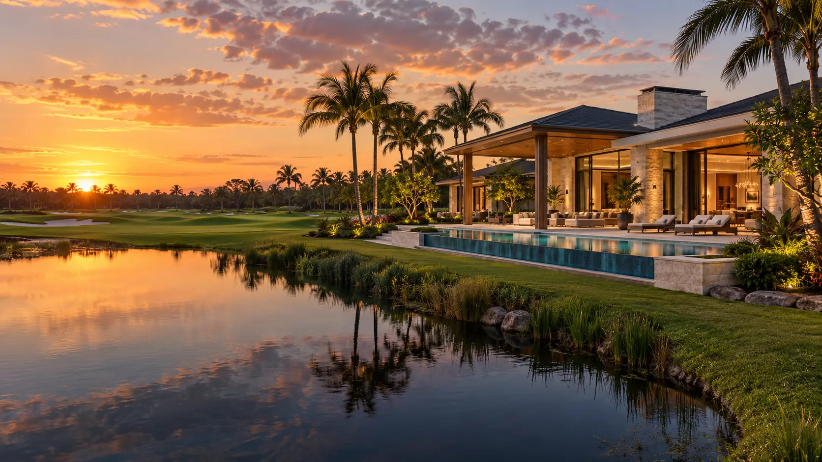 Low-density modern golf estate with pool, lake and broad fairway at sunset in Boca Raton