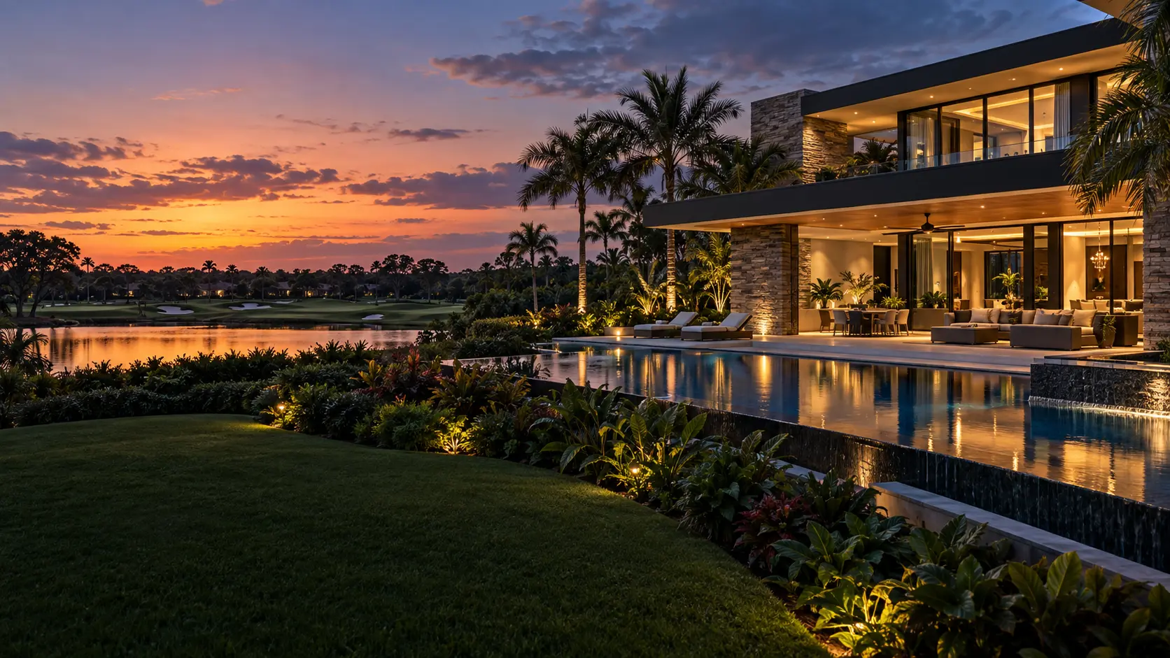 Contemporary renovated golf estate with tropical landscaping and infinity pool at dusk