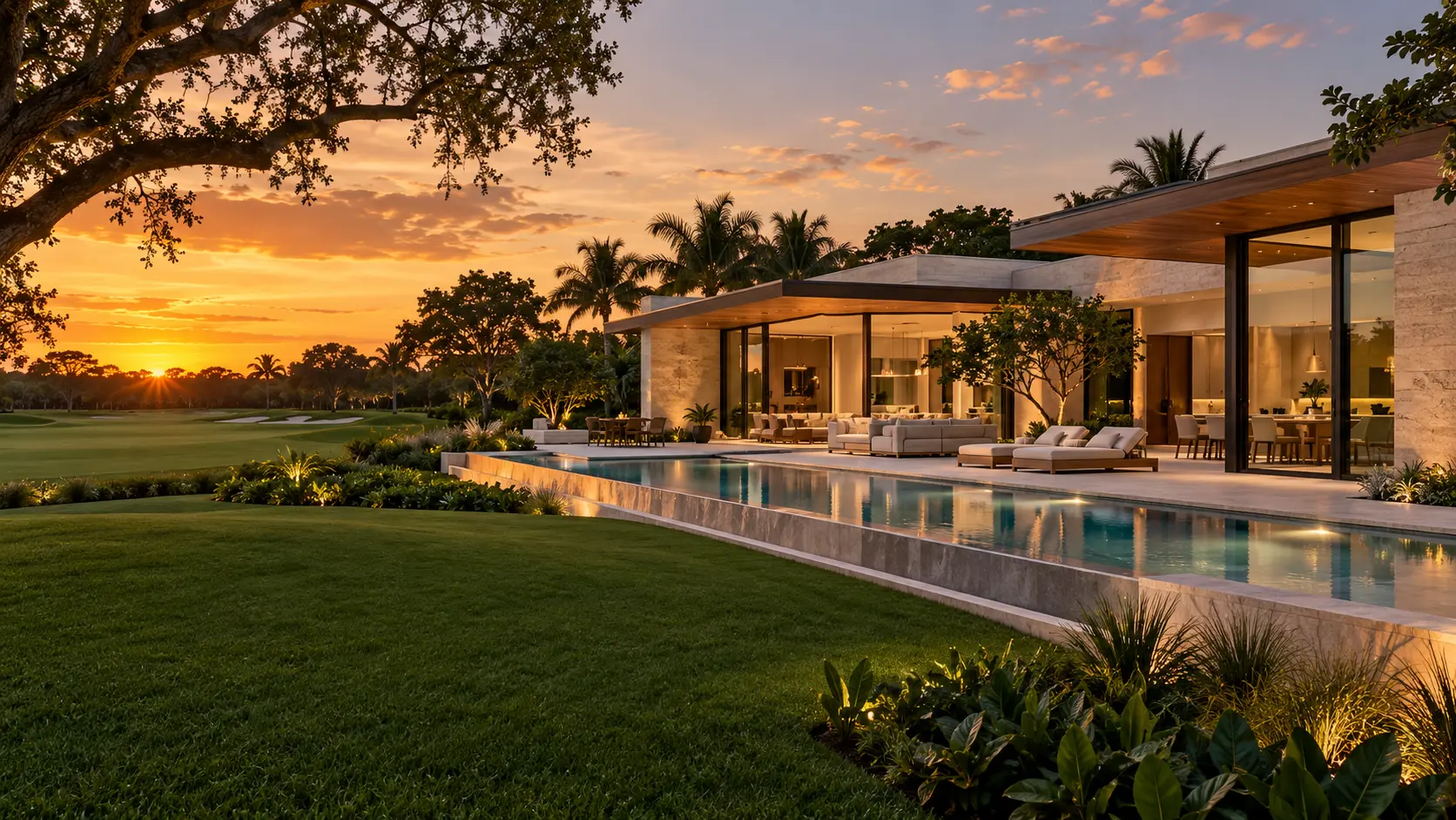 Low-slung contemporary Delray Beach estate with glass pavilion, pool and private fairway