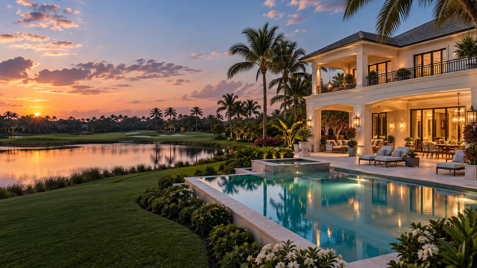 Pale-stone Palm Beach Gardens estate with pool, lake and golf course at coastal sunset