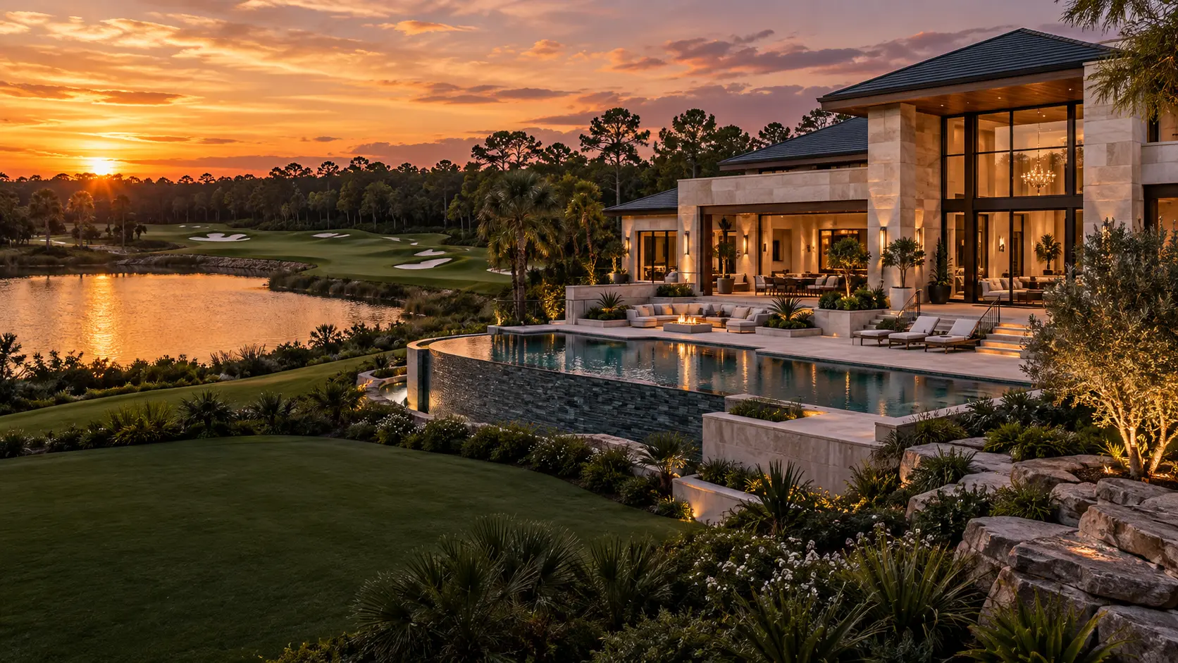 Grand transitional estate with infinity pool overlooking lake, golf and preserve in Palm Beach Gardens
