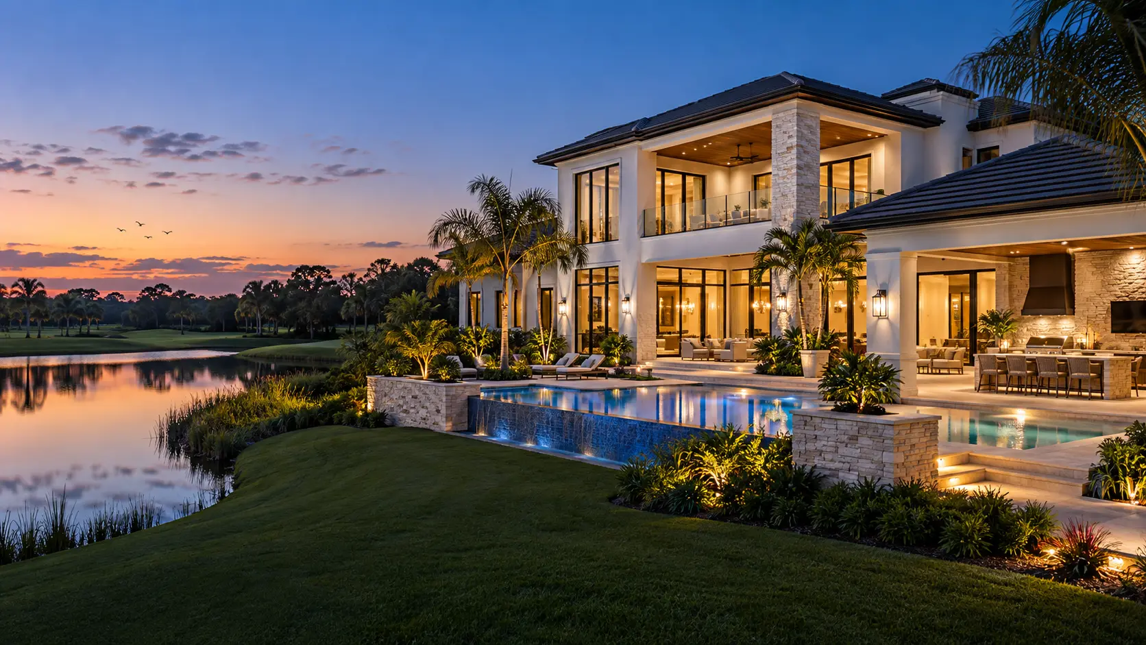 Renovated Palm Beach County family estate with pool, lakefront golf and preserve views at blue hour