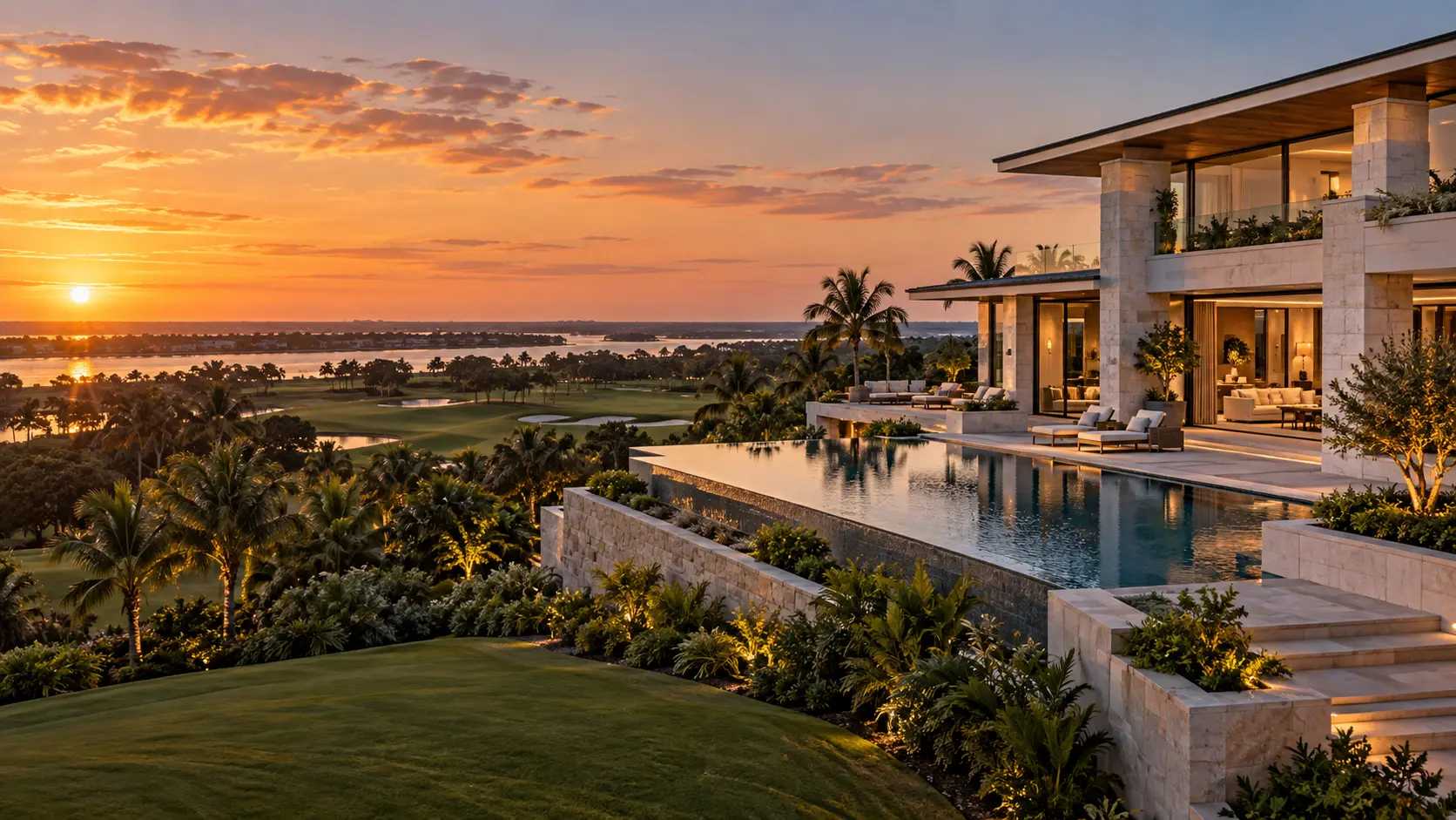 Elevated limestone-and-glass Jupiter estate overlooking golf and the Intracoastal at sunset