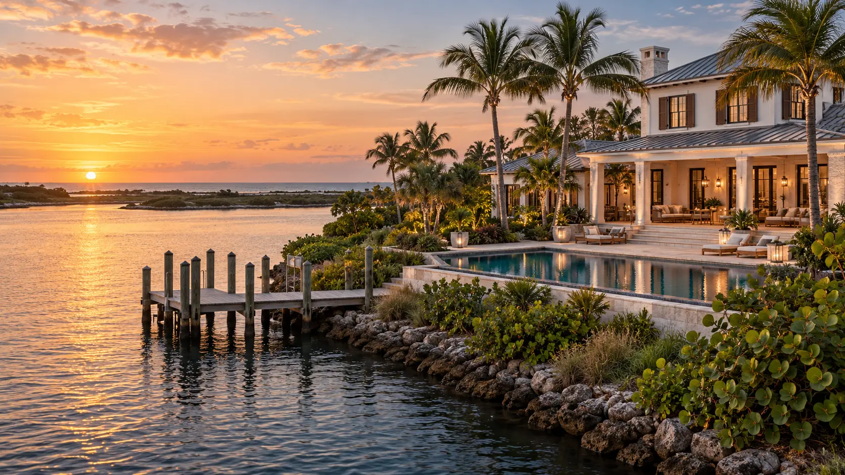 Old Florida coastal estate with veranda, pool, private dock and Intracoastal sunset