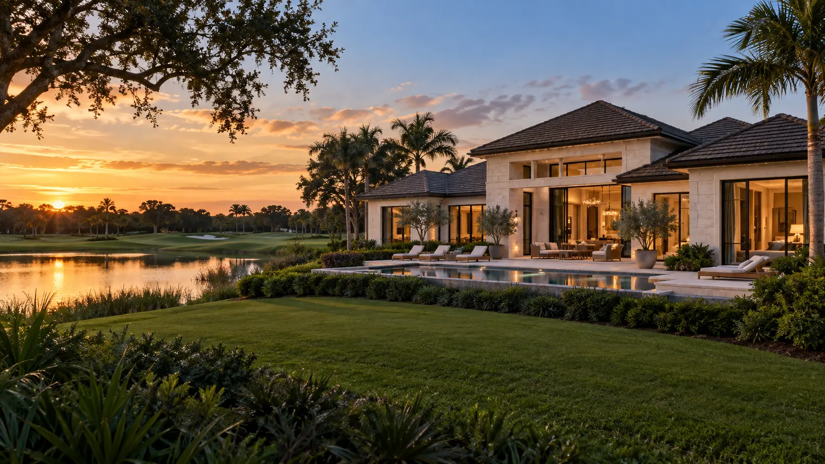 Intimate Jupiter golf residence with serene pool, lake and mature native trees at twilight