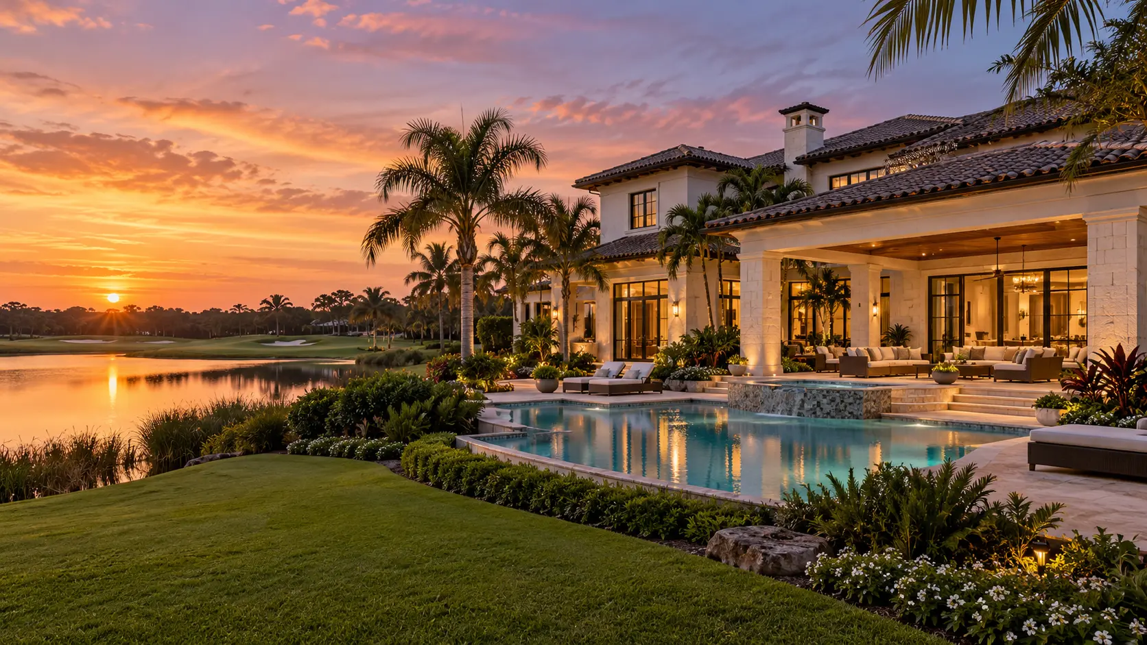 Mediterranean-transitional estate with resort pool, lake, golf and preserve views in Palm Beach Gardens