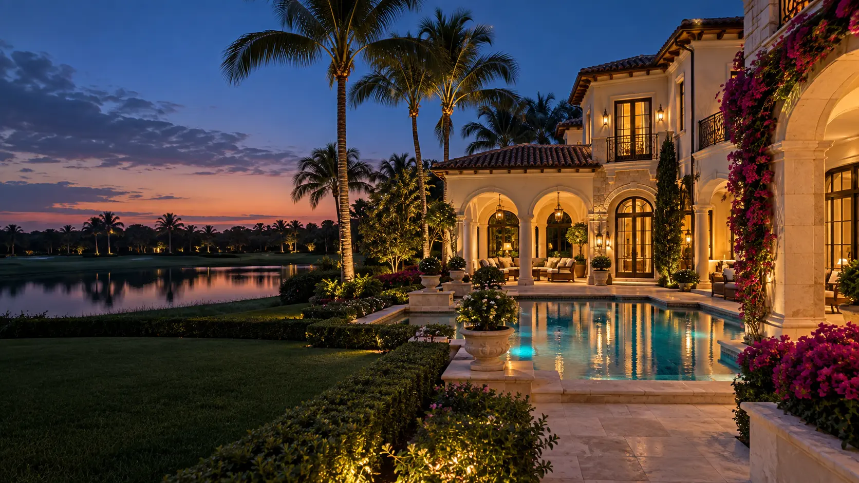 Spanish-Mediterranean estate with courtyard pool, palms and golf lake at blue hour