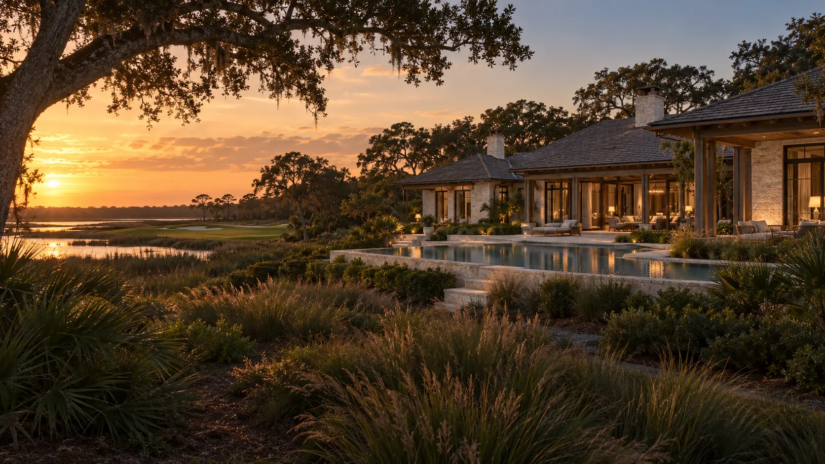 Understated Old Florida estate with pool, native landscape, marsh and secluded golf views at sunset