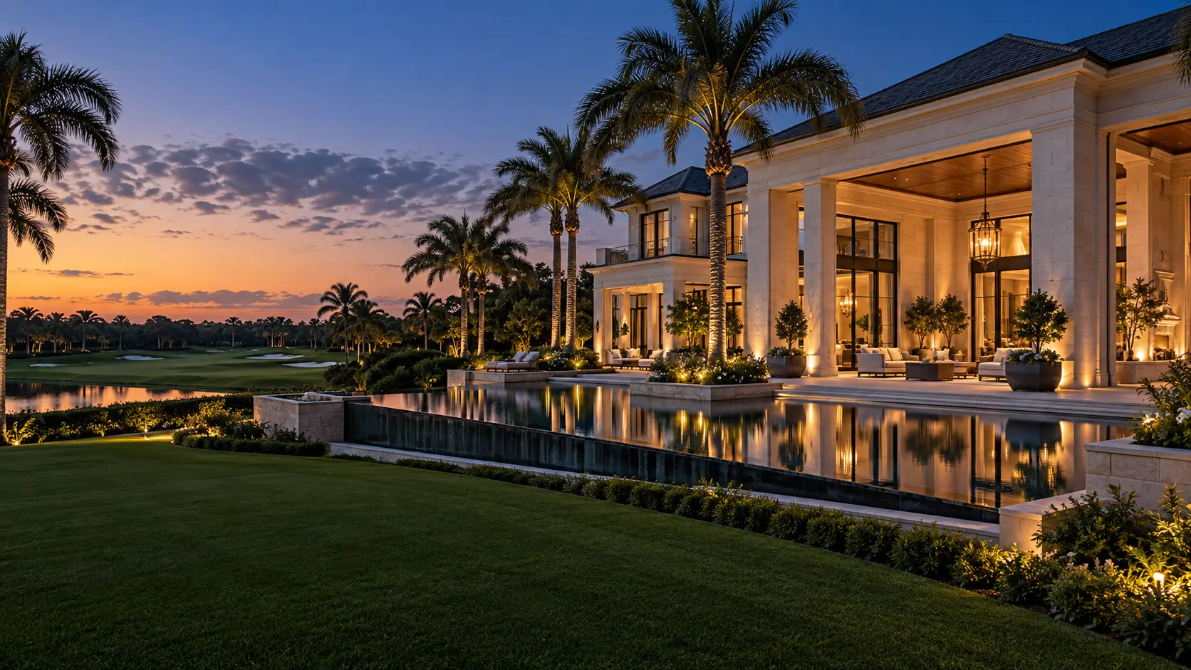 Timeless limestone golf estate with colonnade, infinity pool and manicured fairway at blue hour