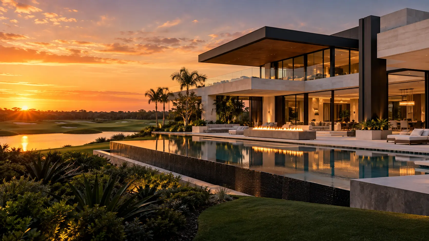Bold contemporary Palm Beach Gardens golf estate with cantilevers, glass and geometric infinity pool