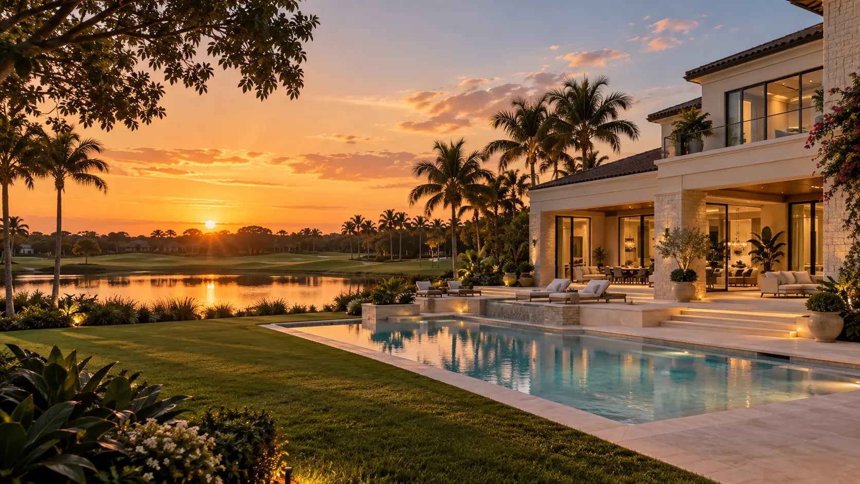 Renovated South Florida golf estate with pool and palms at sunset near the Polo Club
