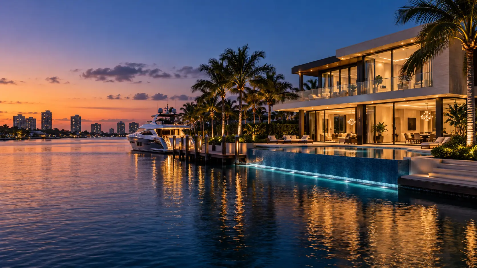 Modern Boca Raton waterfront estate with an infinity pool, palms and private yacht at twilight