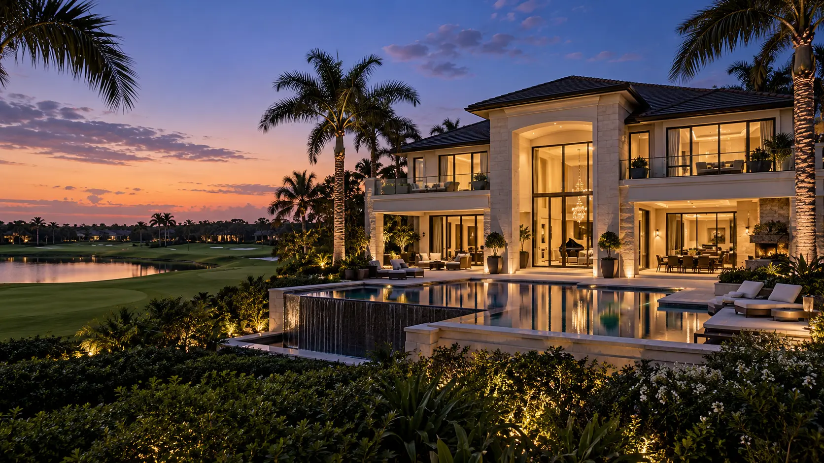 Grand modern-transitional golf estate with pool and lake at sunset in Boca Raton