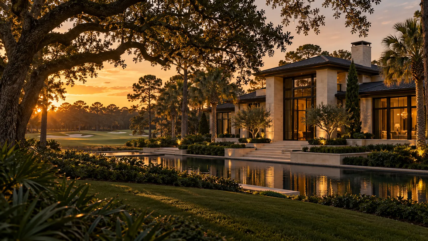 Secluded limestone golf estate among mature oaks and pines at golden sunset in Jupiter