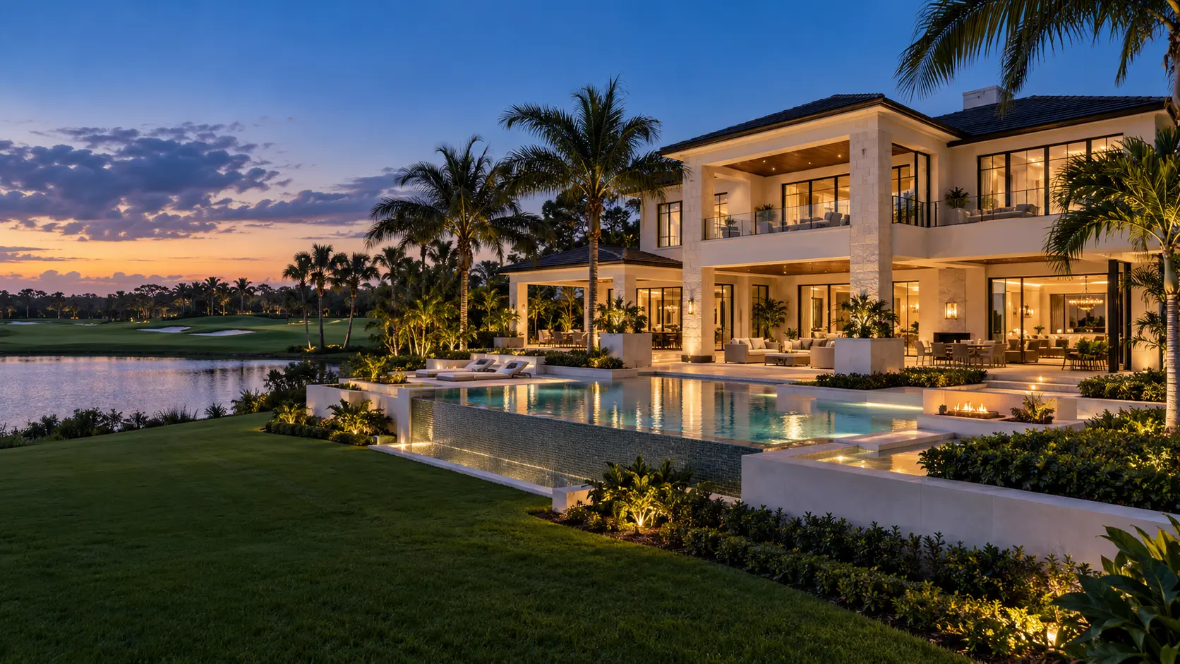 Luxury family estate with infinity pool beside a Woodfield-area golf course at sunset