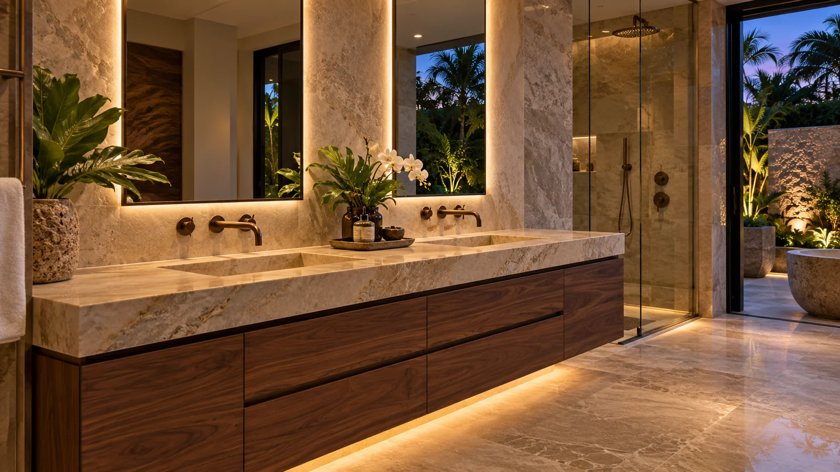 Concept luxury bathroom with a bespoke walnut double vanity, stone counters, bronze fixtures and softly backlit mirrors.