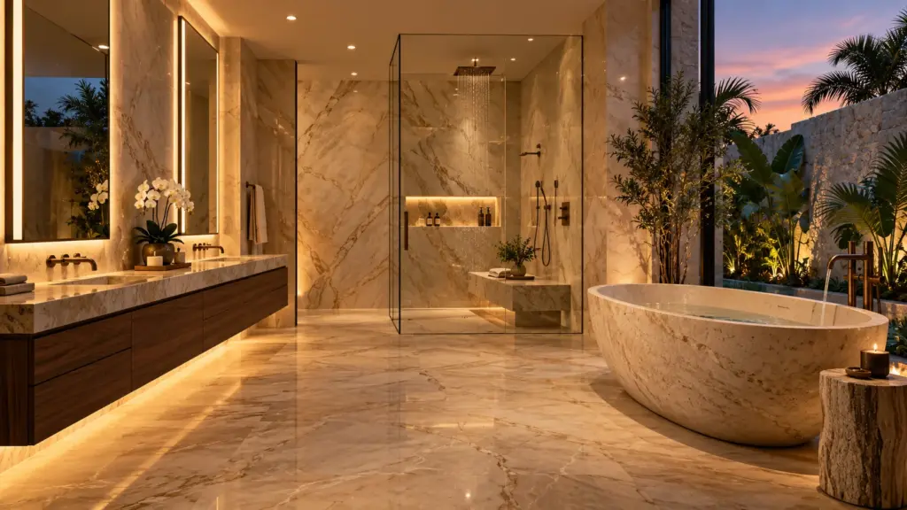 Concept luxury primary bathroom with a freestanding stone tub, glass spa shower, walnut vanity and warm layered lighting.
