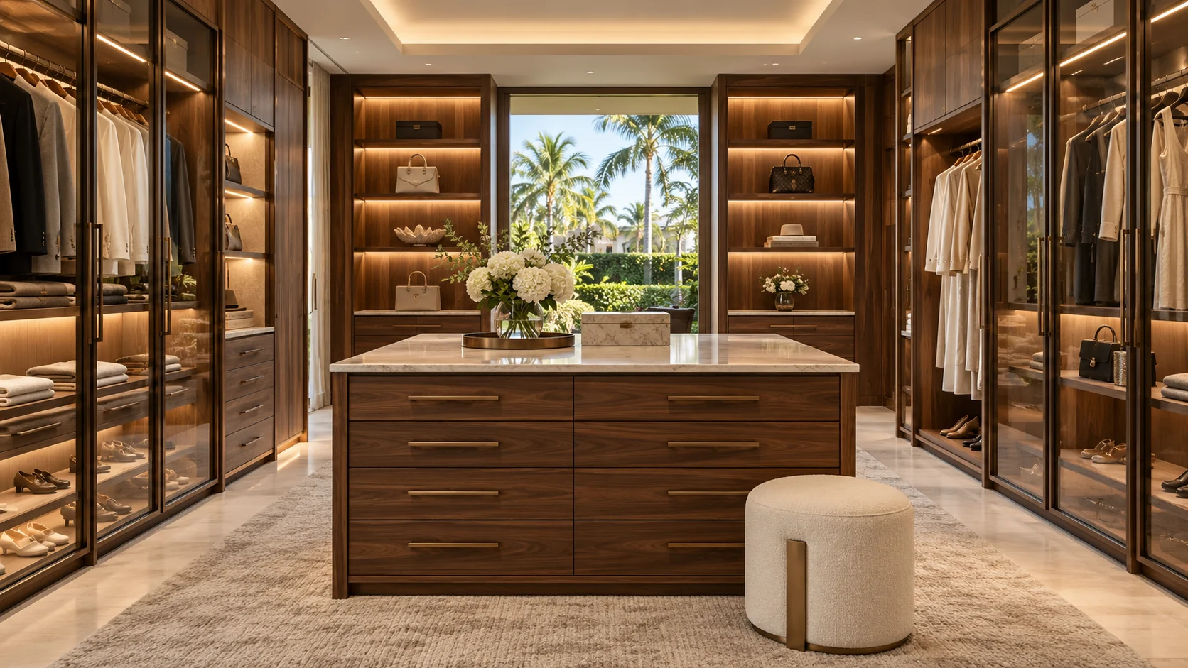 Concept bespoke dressing room with walnut wardrobe cabinetry, illuminated shelving and a stone-topped storage island.