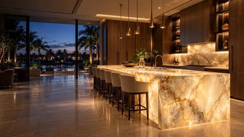 Concept bespoke luxury kitchen with a glowing translucent stone island, walnut cabinetry and bronze pendants overlooking a Florida waterfront.