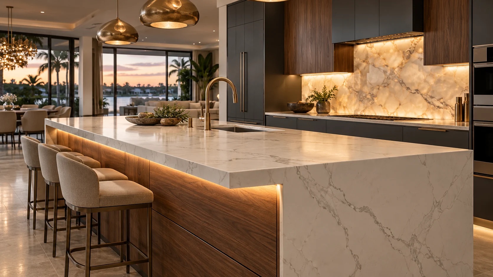 Concept kitchen with a veined quartz waterfall island, concealed warm lighting beneath the countertop, walnut cabinetry and bronze fixtures.