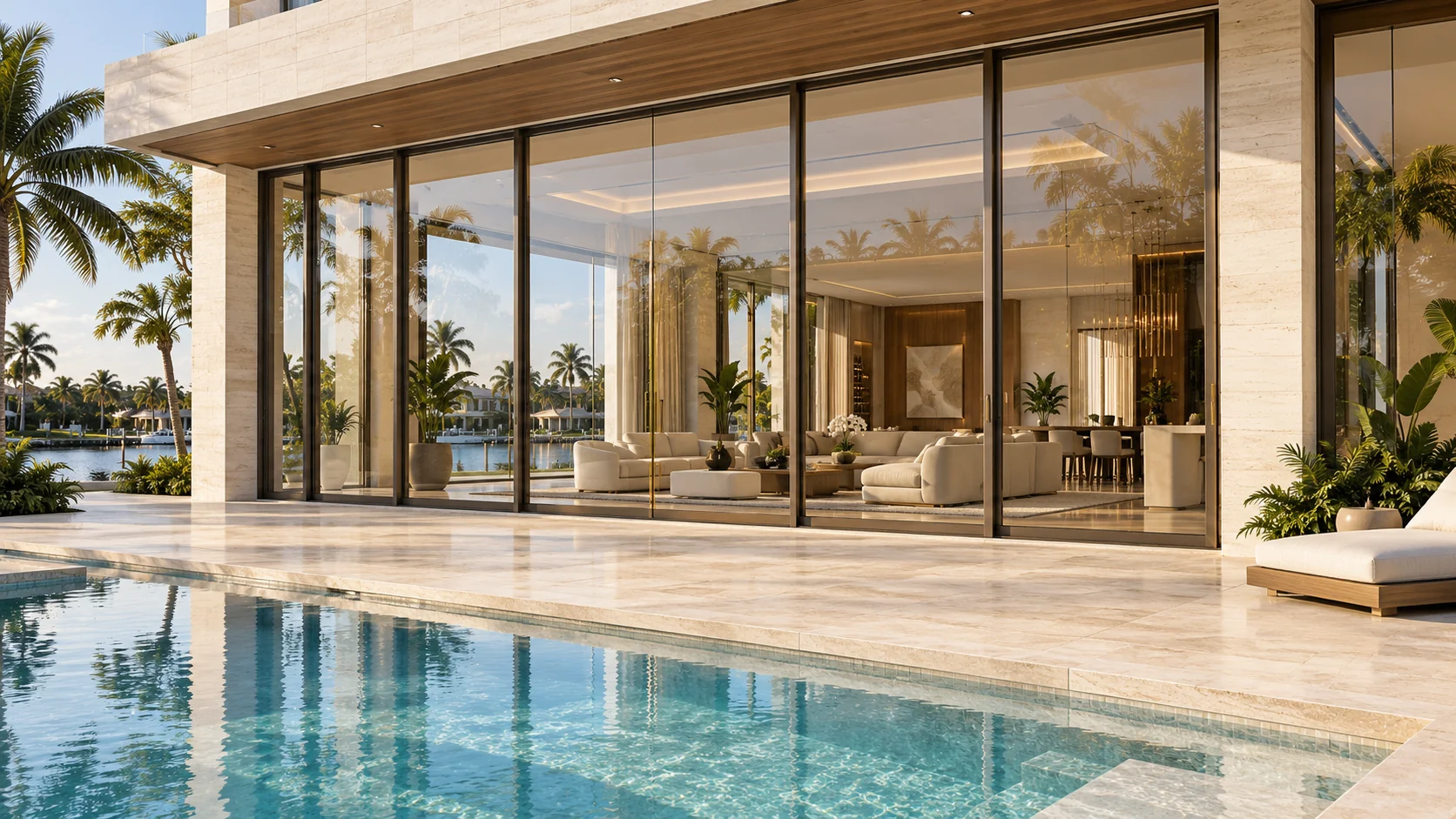 Concept exterior of a luxury waterfront home with floor-to-ceiling windows and sliding glass doors overlooking a pool terrace.