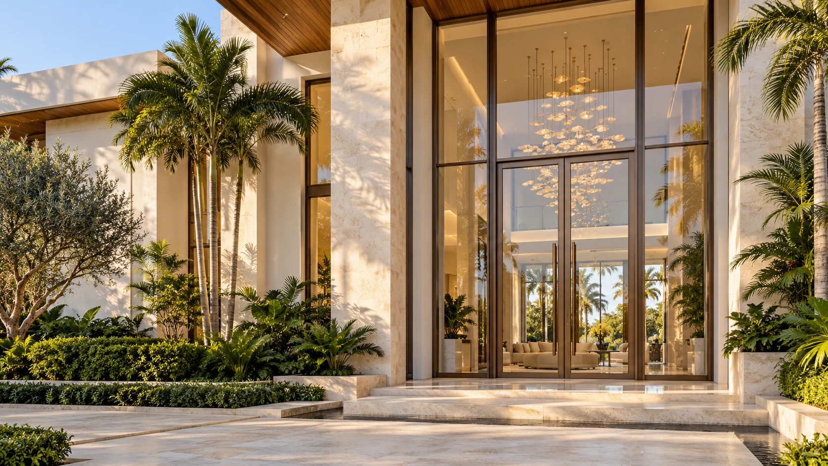 Concept front exterior with tall bronze-framed glass double entry doors and floor-to-ceiling glazed sidelights.