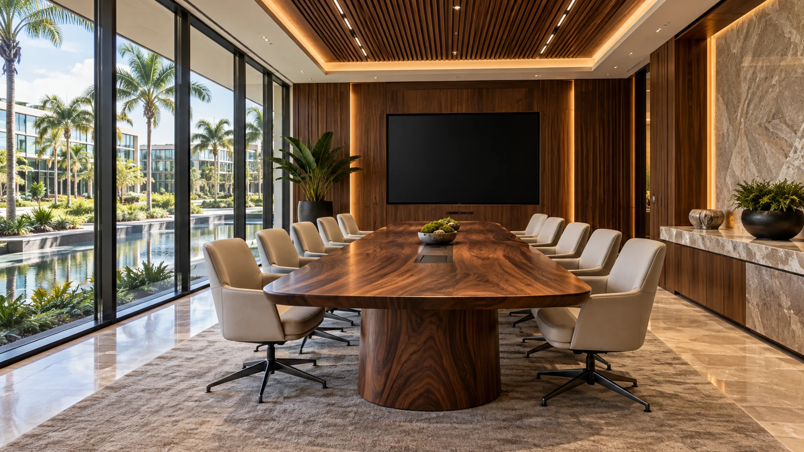 Executive boardroom with a walnut conference table, stone credenza and floor-to-ceiling glass.