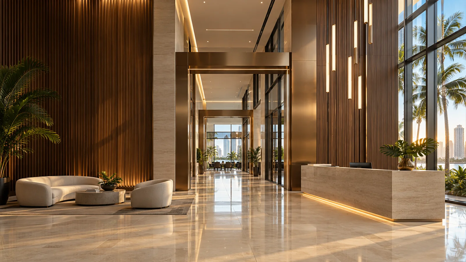 Refined commercial interior with a stone reception desk and custom walnut cabinetry.