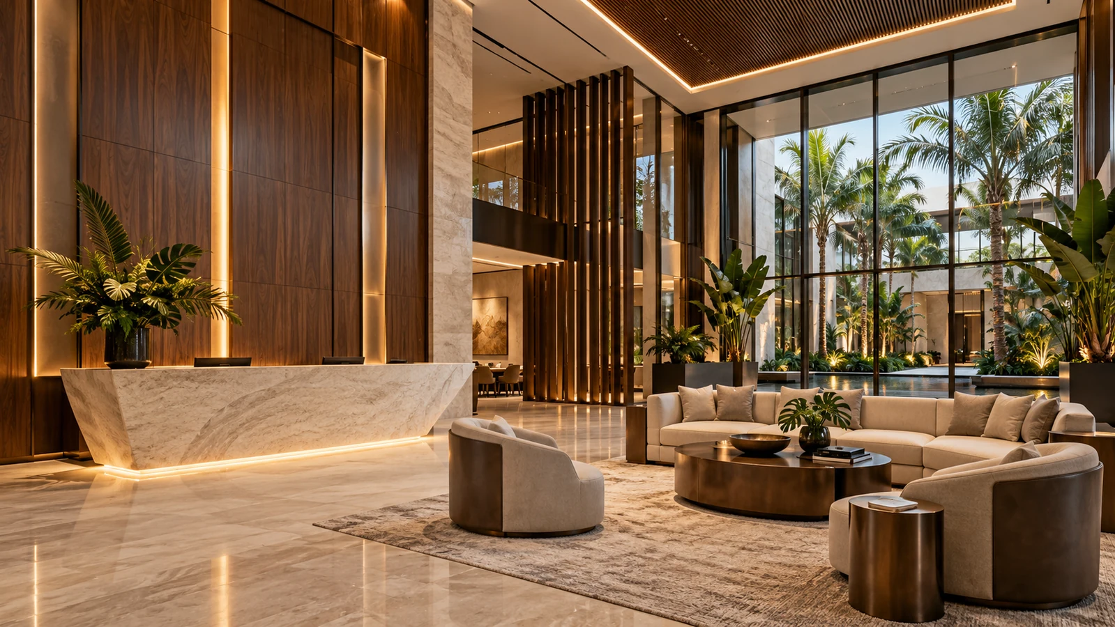 High-end commercial reception and client lounge with stone finishes and walnut architectural panels.