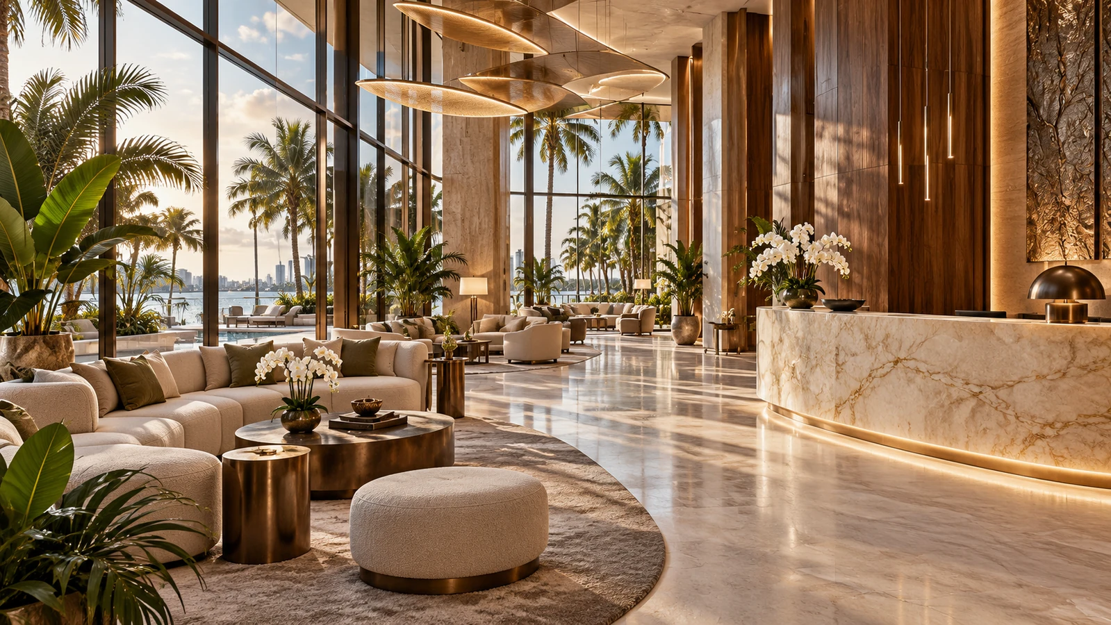 Luxury hotel lobby with a curved stone reception desk, walnut walls and tall glass openings.