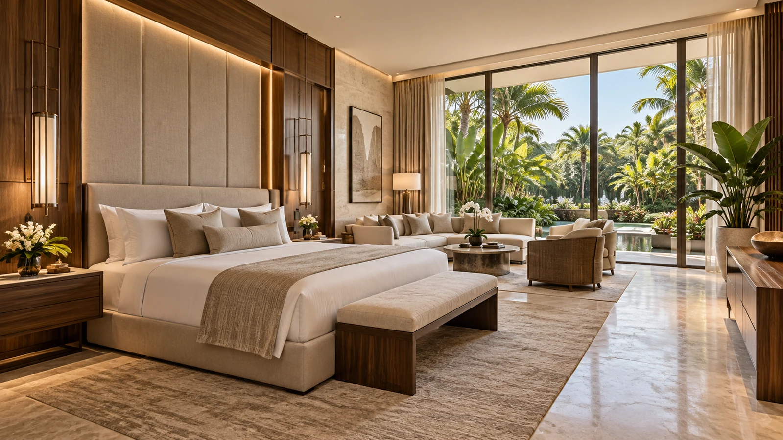 Luxury guest suite with bespoke walnut cabinetry, upholstered bed and a tropical garden outlook.