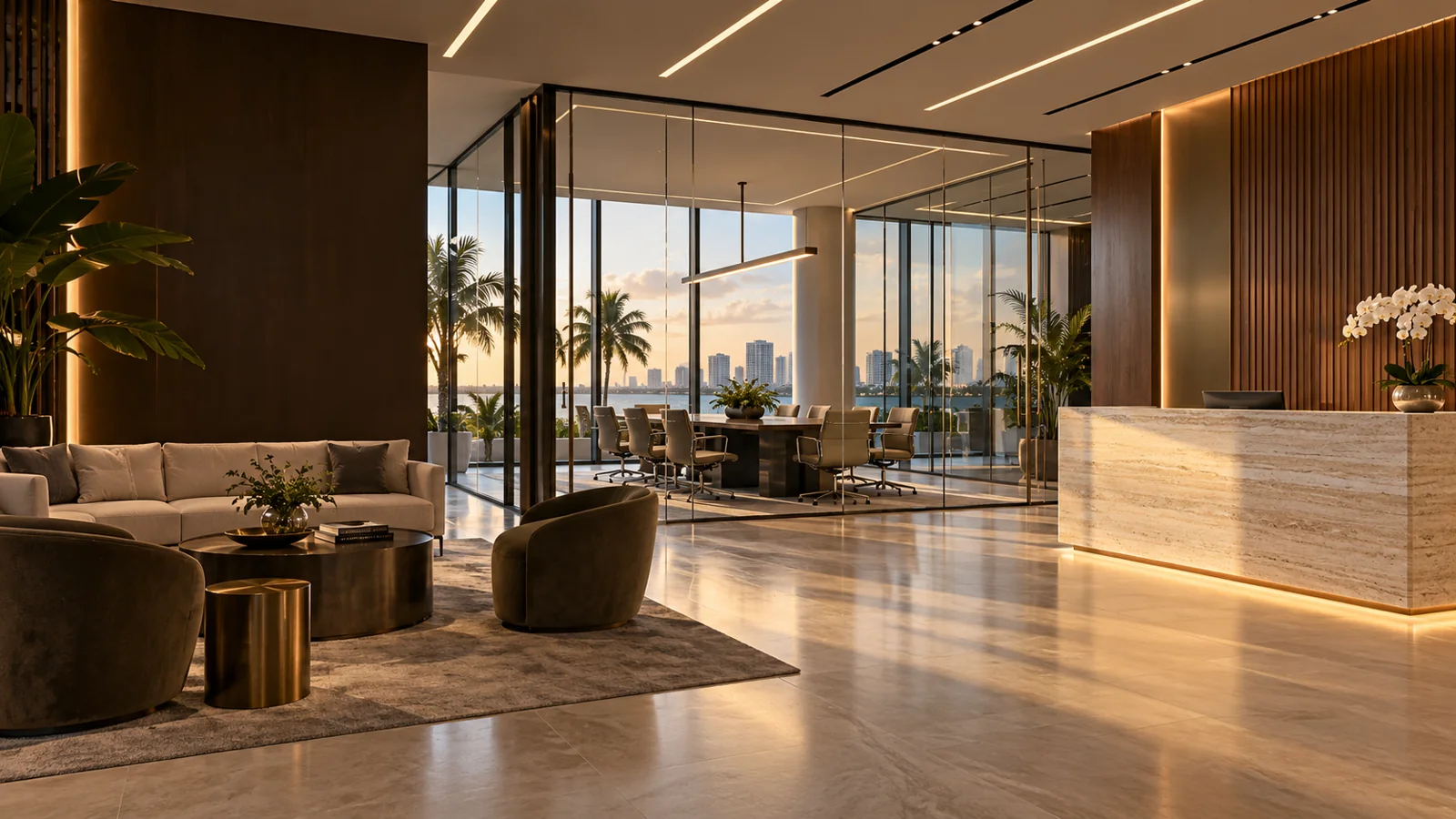 Executive office reception with walnut millwork and a glass boardroom.