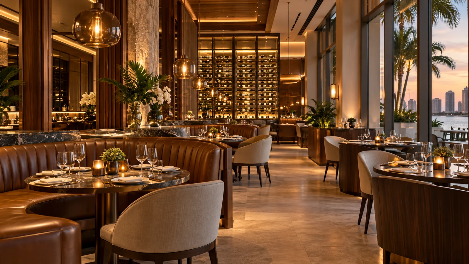 Elegant restaurant dining room with leather banquettes, a wine display and warm architectural lighting.