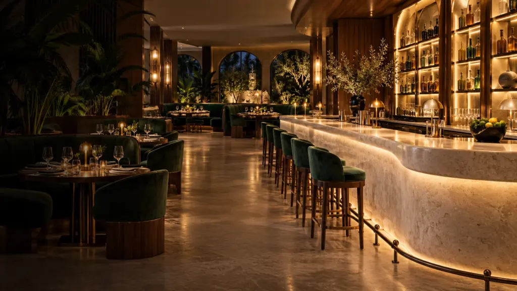 Elegant dining room and cocktail bar with illuminated shelving and custom banquettes.