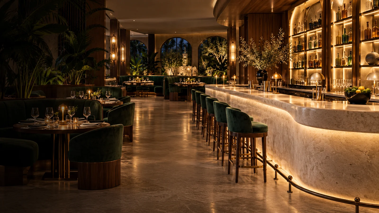 Elegant restaurant interior with a stone cocktail bar and custom seating.