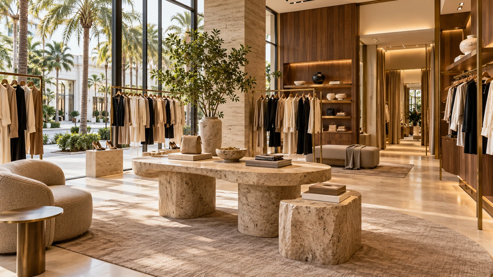 Luxury fashion boutique with custom walnut displays, stone tables and bronze clothing rails.