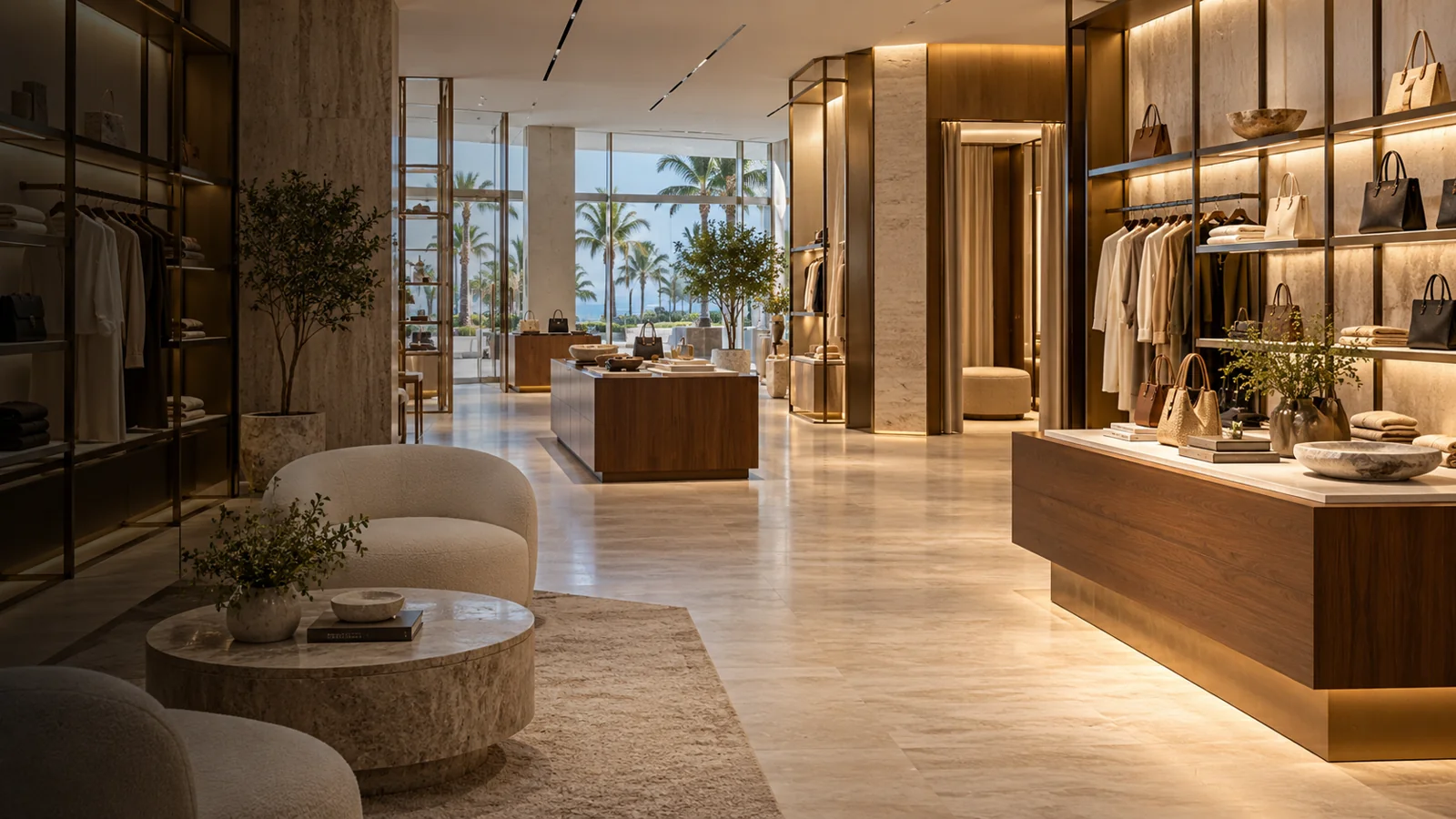 Luxury boutique interior with custom displays and integrated lighting.
