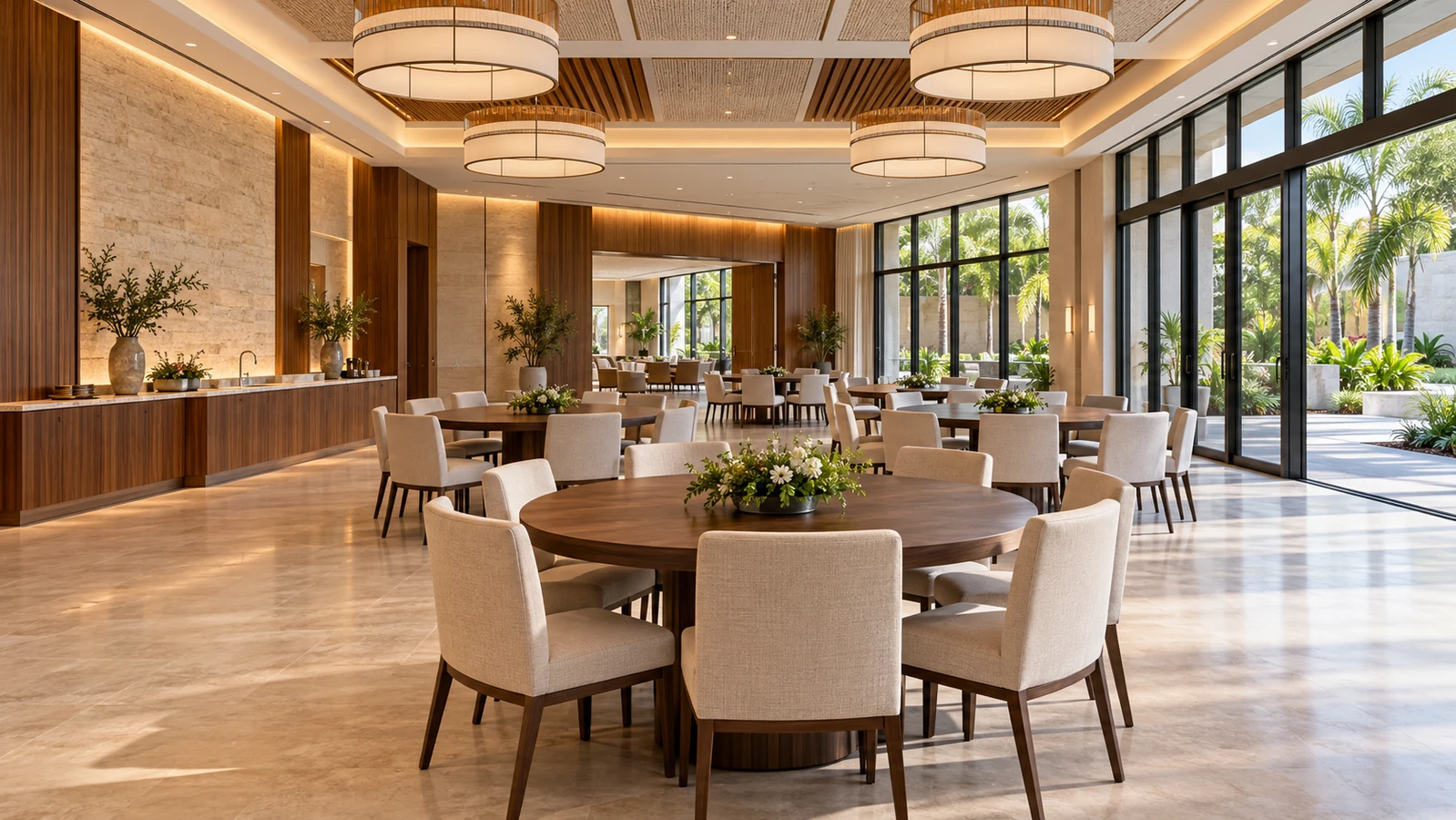 Refined congregation gathering room with flexible tables, custom cabinetry and a courtyard outlook.