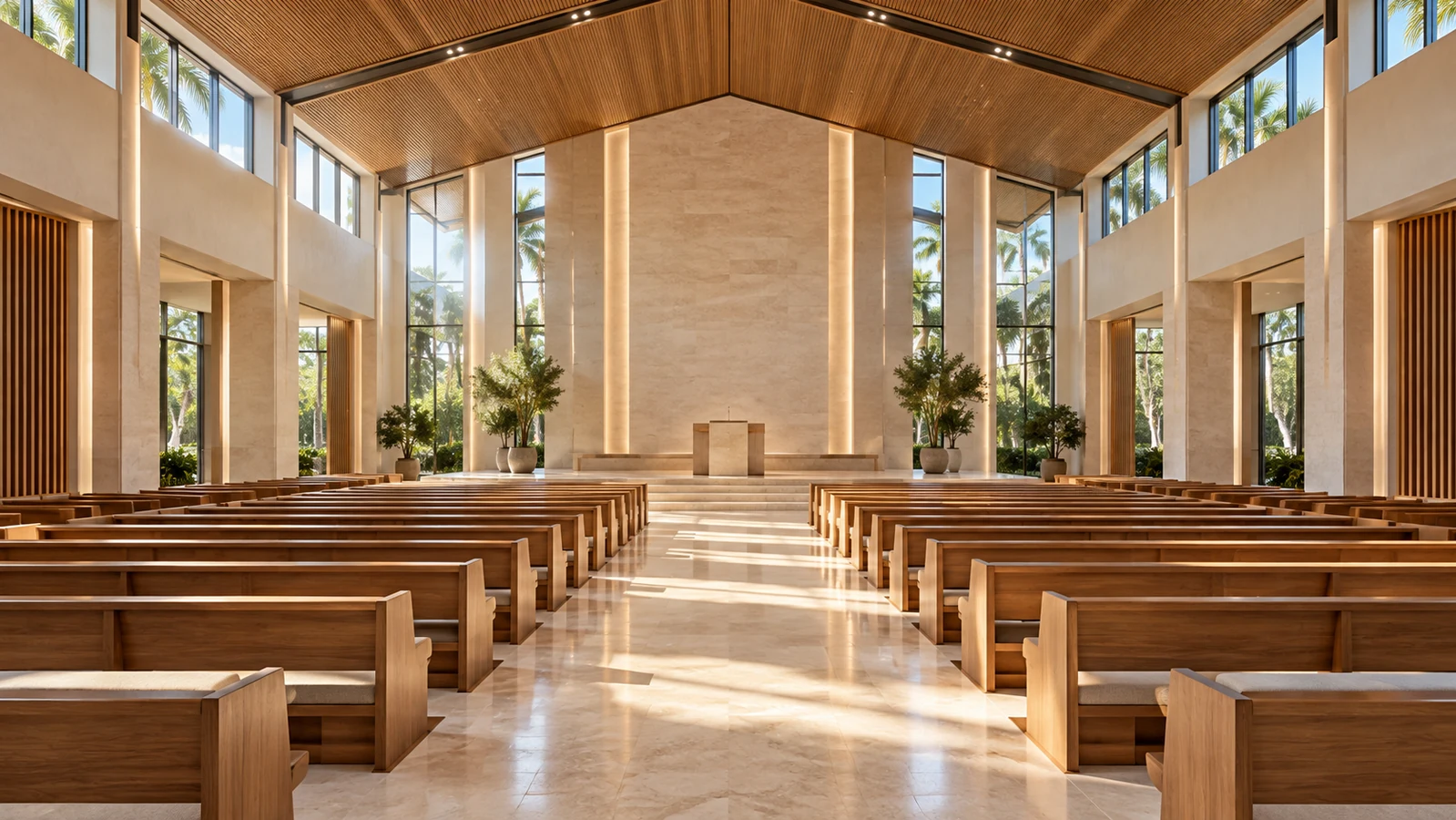 Contemporary sanctuary with a timber ceiling, limestone surfaces and orderly wood seating.