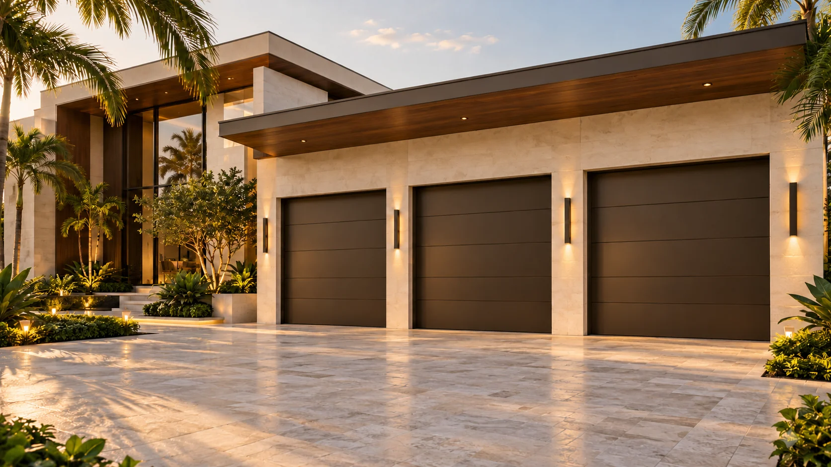 Concept estate exterior with three matching solid bronze architectural garage doors.